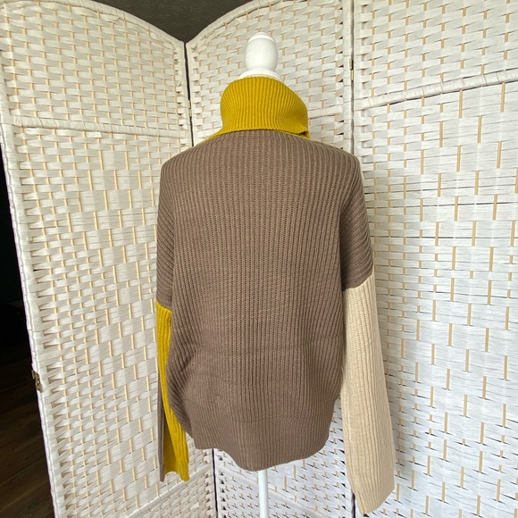 NWT Hem & Thread Turtle Neck Colorblock Cable Knit Jacquard Sweater Mustard Khak - Picture 9 of 13